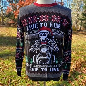 MICHAEL GERALD UGLY CHRISTMAS SWEATER CREW NECK BLACK WHITE MOTORCYCLE RIDE Sz L